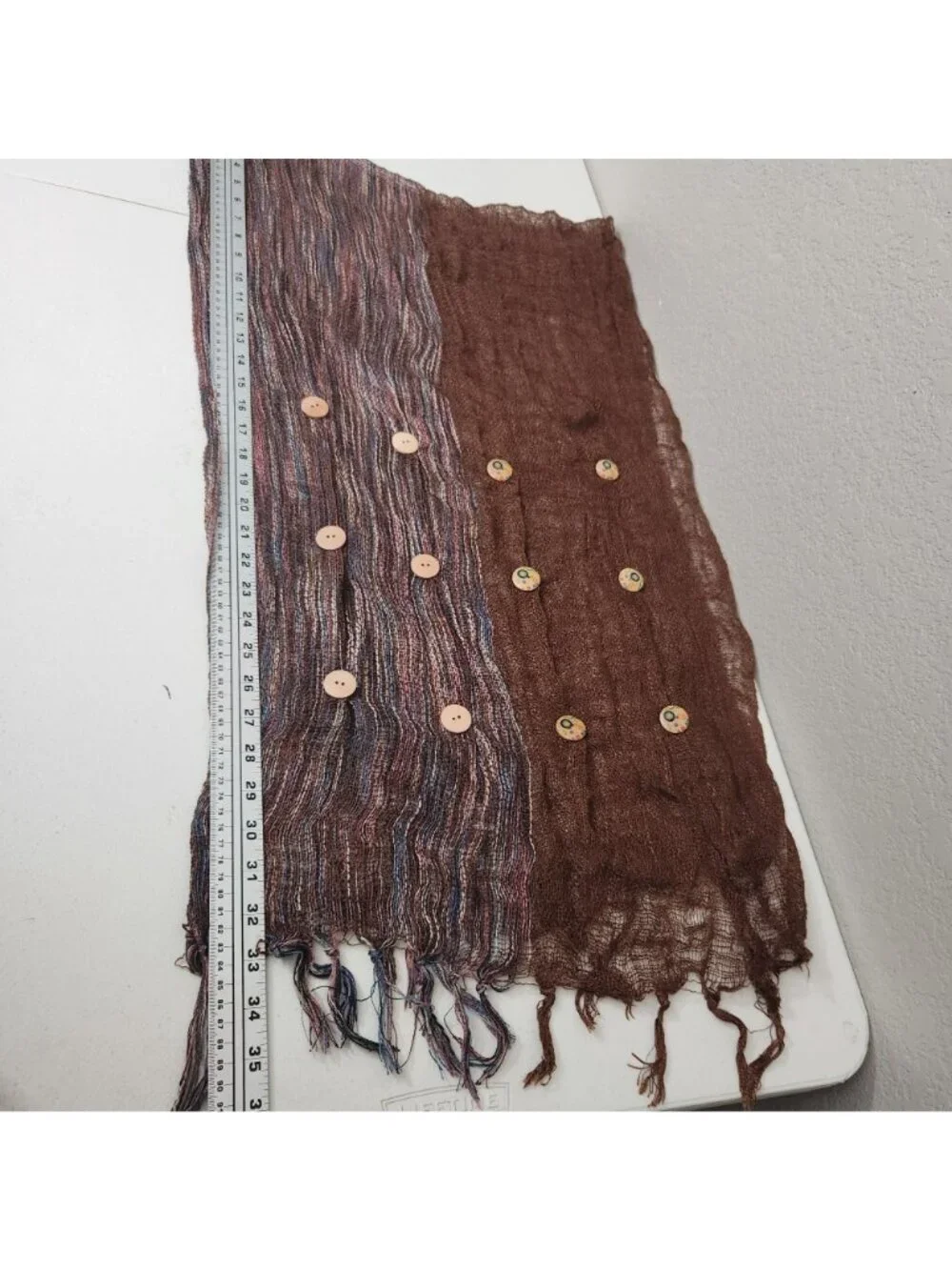 Handwoven Boho Scarf With Brown & Multicolor Panels Fringed Ends & Decorative Bu